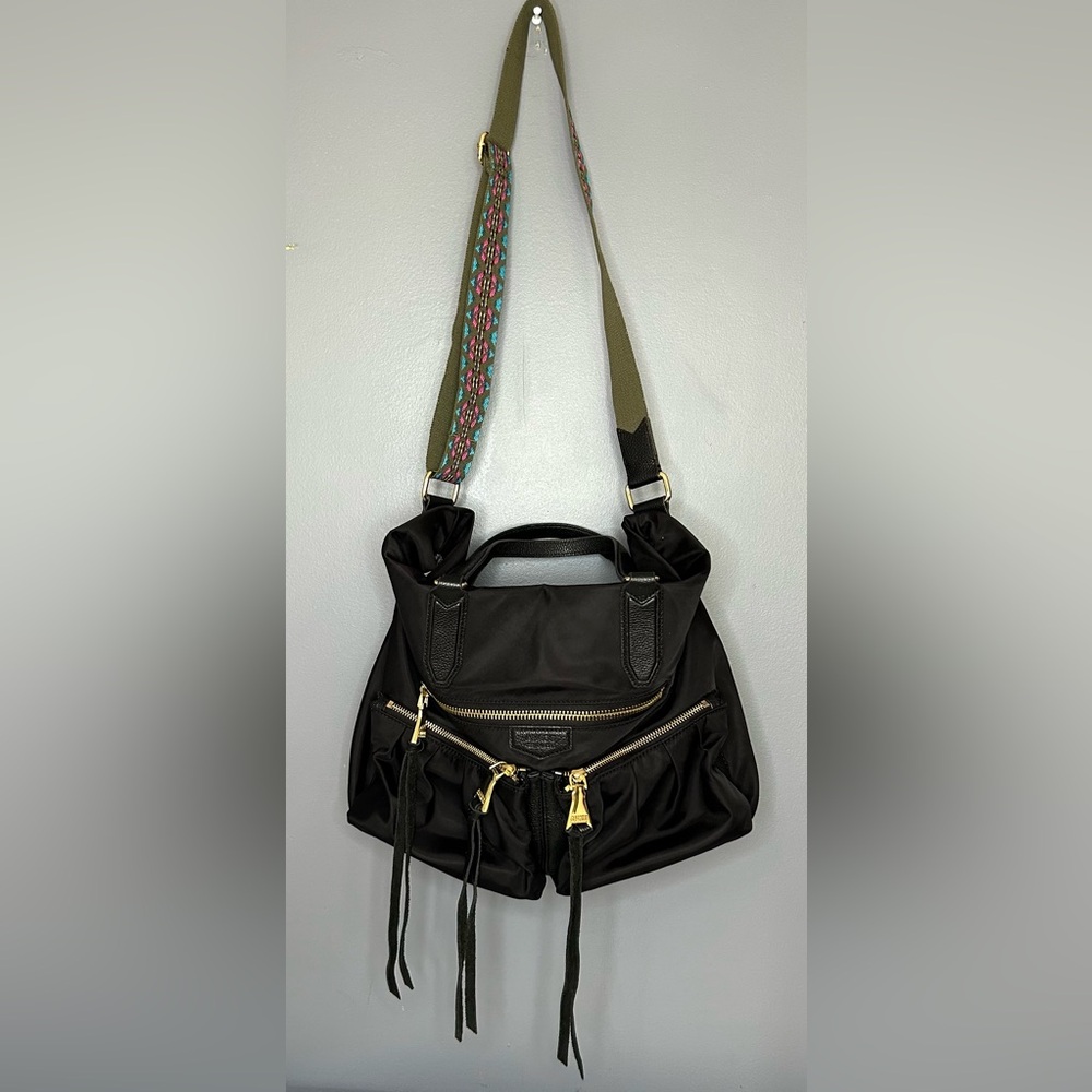 Aimee Kestenberg Nylon Leather Crossbody Tote Bag Satchel Purse XL Black Boho